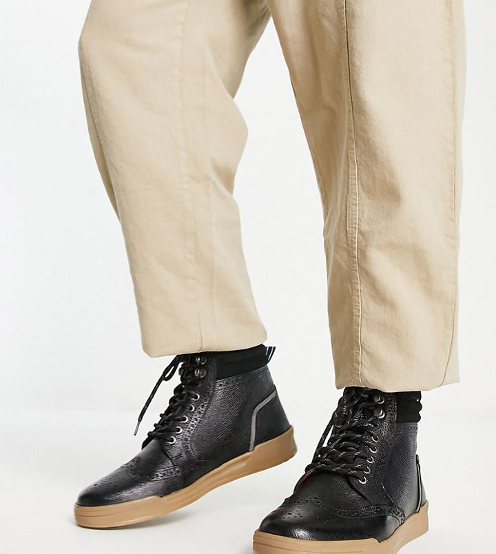 Original Penguin Wide Fit Lace-up Brogue Ankle Boots In Black Leather