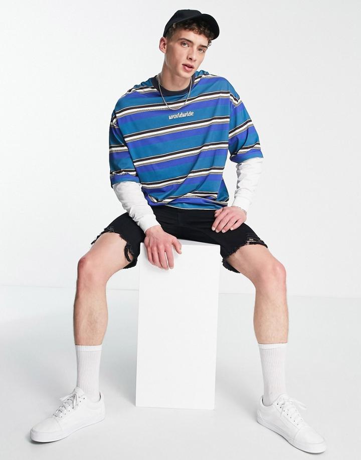 Asos Design Oversized Stripe Long Sleeve T-shirt In Blue With Under Layer