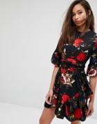 Prettylittlething Floral Frill Mini Dress - Black