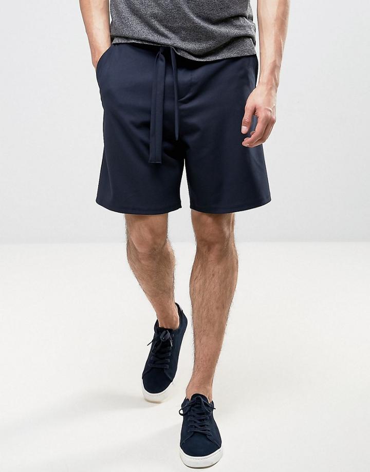 Asos Tailored Wide Leg Shorts With Self Fabric Tie Belt In Navy - Navy