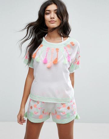 America & Beyond Embroidered Beach Top And Shorts Co-ord Set - White