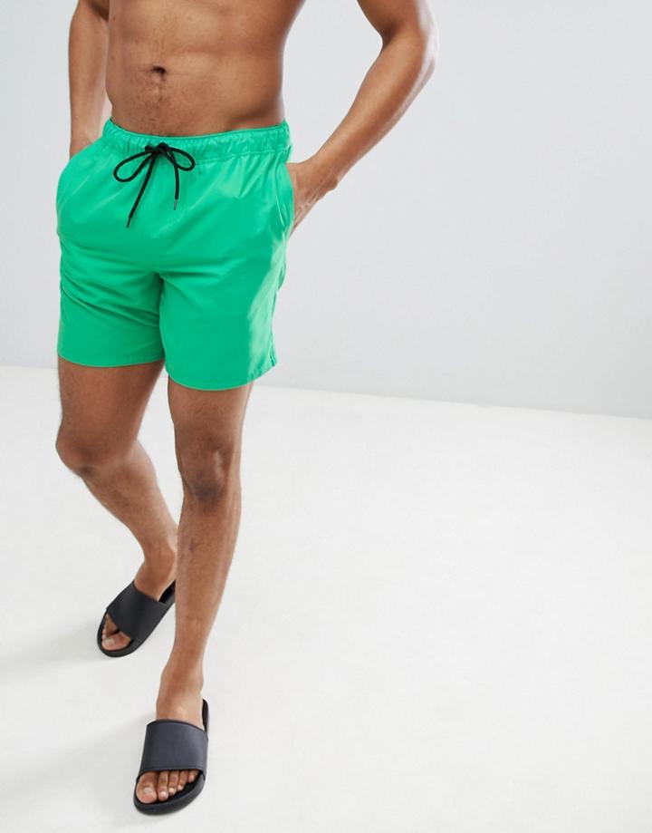 Asos Design Swim Shorts In Bright Green With Black Drawcords Mid Length - Green