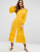 Asos Cold Shoulder Jumpsuit In Crinkle With Frill Detail - Yellow