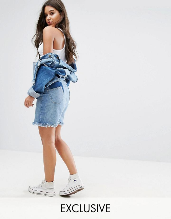 Liquor & Poker Denim Skirt With Raw Hem And Shadow Pockets - Blue
