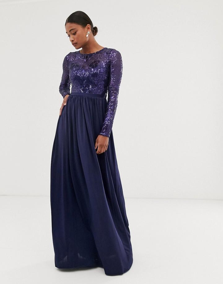 City Goddess Long Sleeve Sequin Bodice Maxi Dress-navy