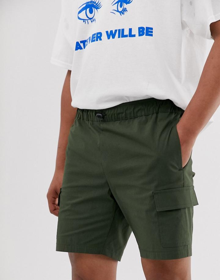 Asos Design Slim Shorts In Dark Green Nylon