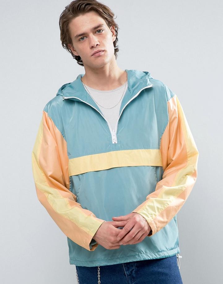 Asos Overhead Windbreaker With Cut And Sew Panels In Blue - Yellow