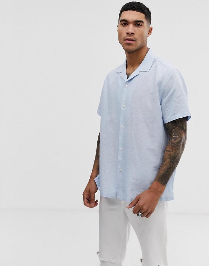 Asos Design Oversized Linen Shirt With Revere Collar In Blue - Blue