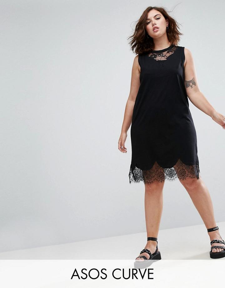 Asos Curve Sleeveless T-shirt Dress With Lace Inserts - Black