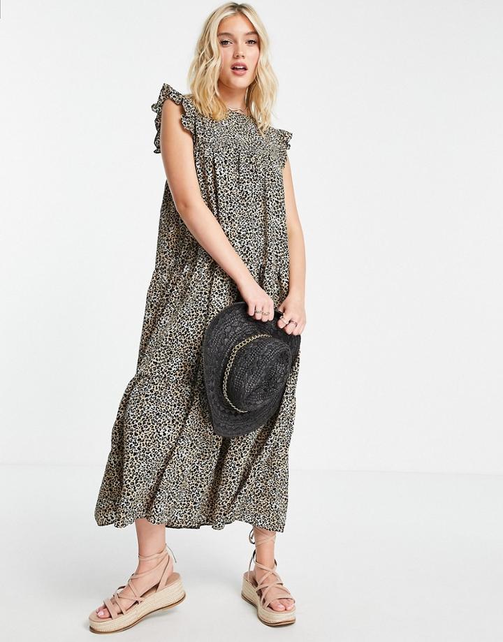 Asos Design Sleeveless Tiered Midi Dress With Ruffles In Leopard Print-multi