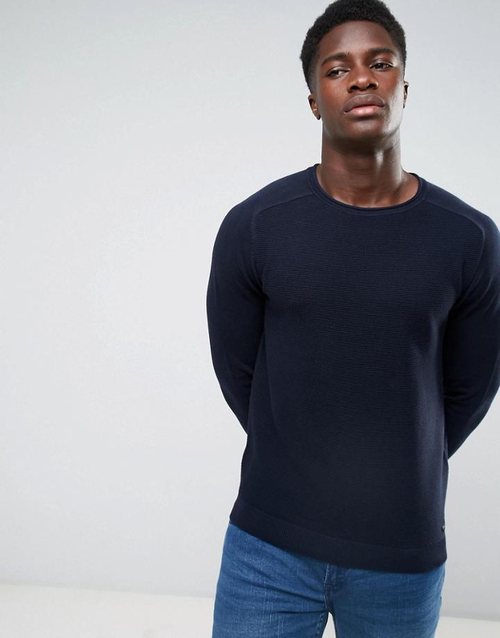 Threadbare Rib Roll Edge Crew Neck Sweater - Navy