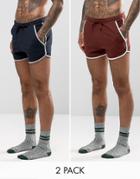 Asos Loungewear Jersey Runner Shorts In Super Short Length 2 Pack Navy/ Burgundy Save 15%
