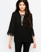 Wyldr Jenna Blouse Lace Up Front And Lace Trim - Black