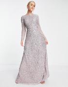 Maya Lattice Back All-over Embellished Maxi Dress In Gray Lilac-purple
