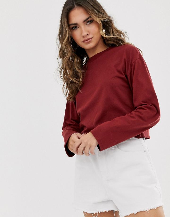 Asos Design Boxy Crop T-shirt With Overlock In Burgundy