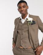 Asos Design Wedding Skinny Wool Mix Suit Jacket In Camel Herringbone-neutral