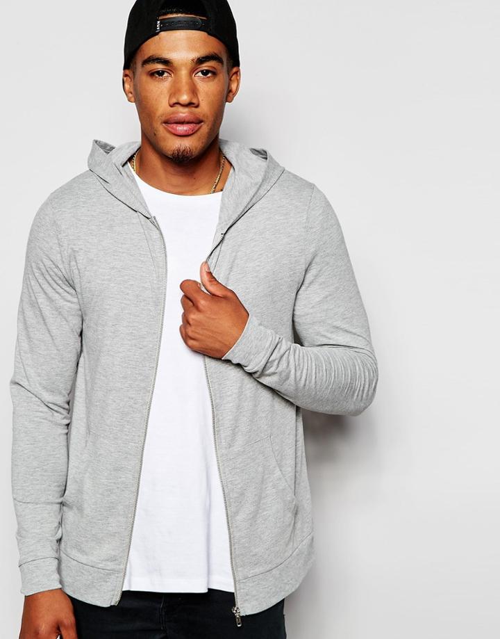 Asos Muscle Zip Up Hoodie In Gray Lightweight Jersey - Gray Marl