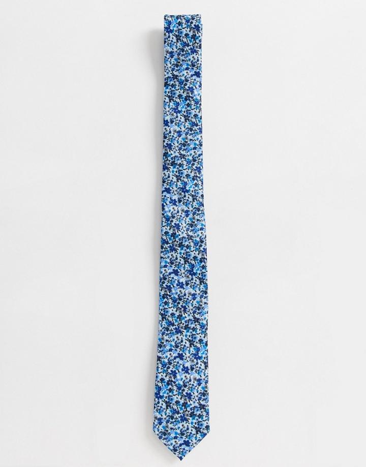 Asos Design Wedding Slim Tie In Blue Ditsy Print - Blue