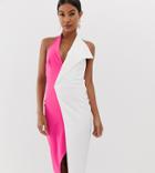 Lavish Alice Oversized Collar Halterneck Midi Dress In Pink And White - Multi