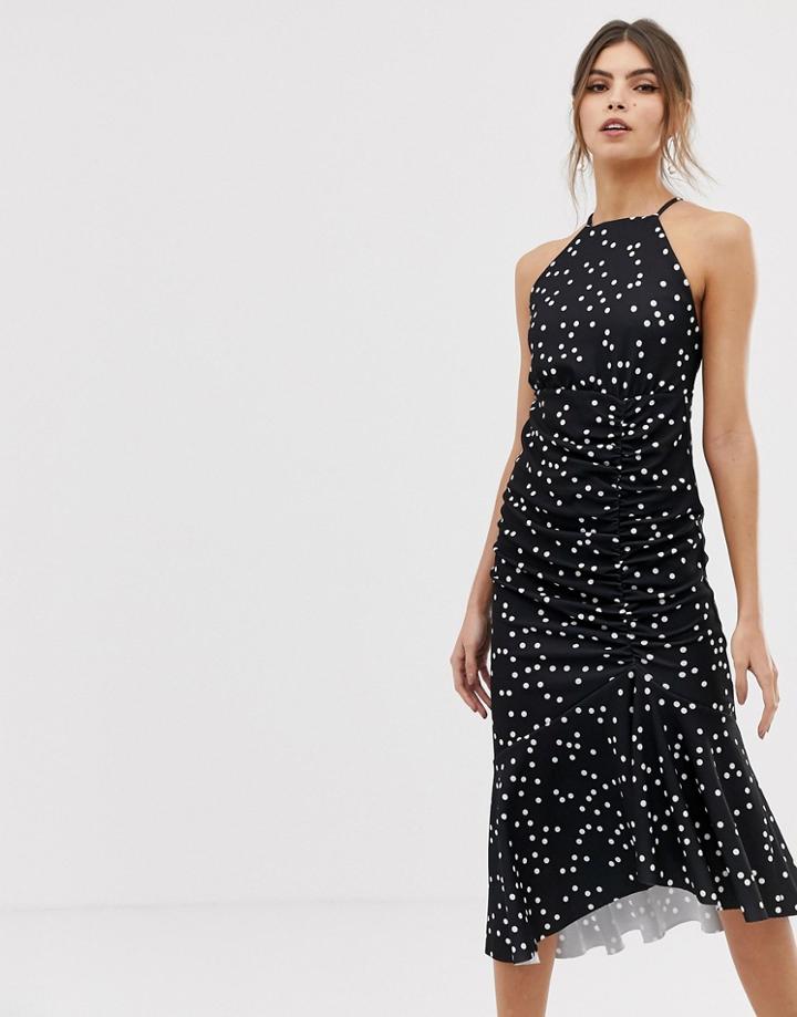 Asos Design Ruched Polka Dot Halter Midi Dress-multi
