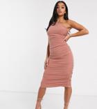 Club L London Petite One Shoulder Ruched Midi Dress In Mocha-brown