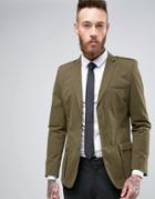 Asos Slim Coated Blazer With Military Details In Khaki - Green