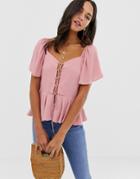 Asos Design Tea Blouse With Lace Up Front Detail - Pink