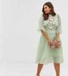 Asos Design Curve Embroidered High Neck 70s Midi Dress-green