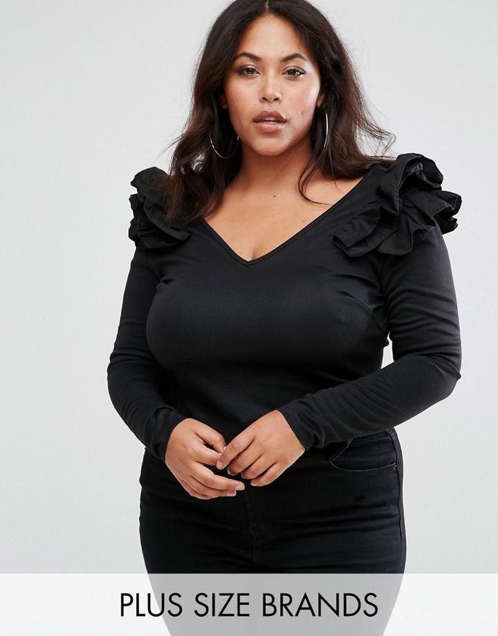Club L Plus Ruffle Shoulder Top - Black