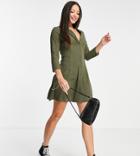Asos Design Tall Collared Button Through Mini Shirt Dress In Khaki-green