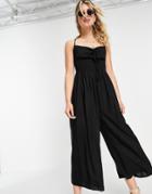 Asos Design Tie Front Shirred Waist Culotte Jumpsuit In Black