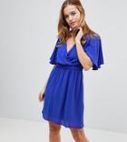 Asos Petite Flutter Sleeve Cross Over Mini Dress - Blue
