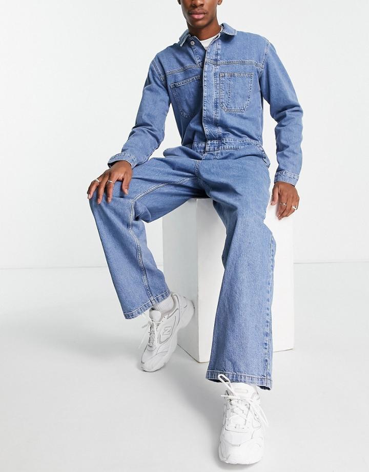 Topman Denim Boiler Suit In Mid Wash-blue