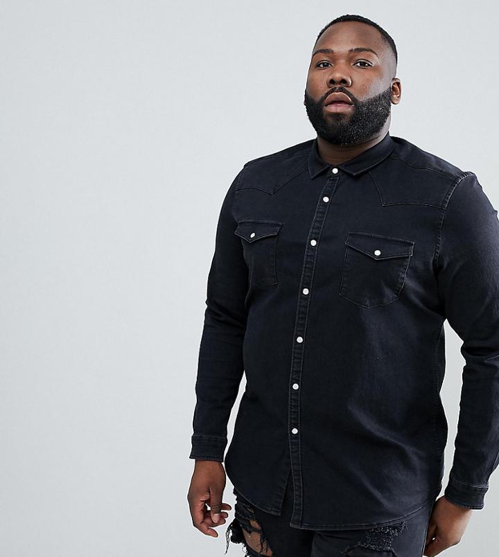 Asos Design Plus Stretch Slim Denim Western Shirt In Black