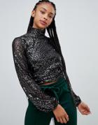 Bershka Leopard Metallic Long Sleeved Blouse - Black