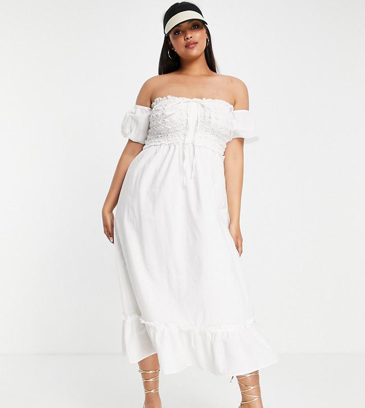 River Island Plus Bardot Midi Beach Dress In White