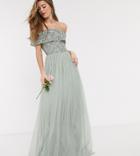 Maya Tall Bridesmaid Bardot Maxi Tulle Dress With Tonal Delicate Sequins In Sage Green