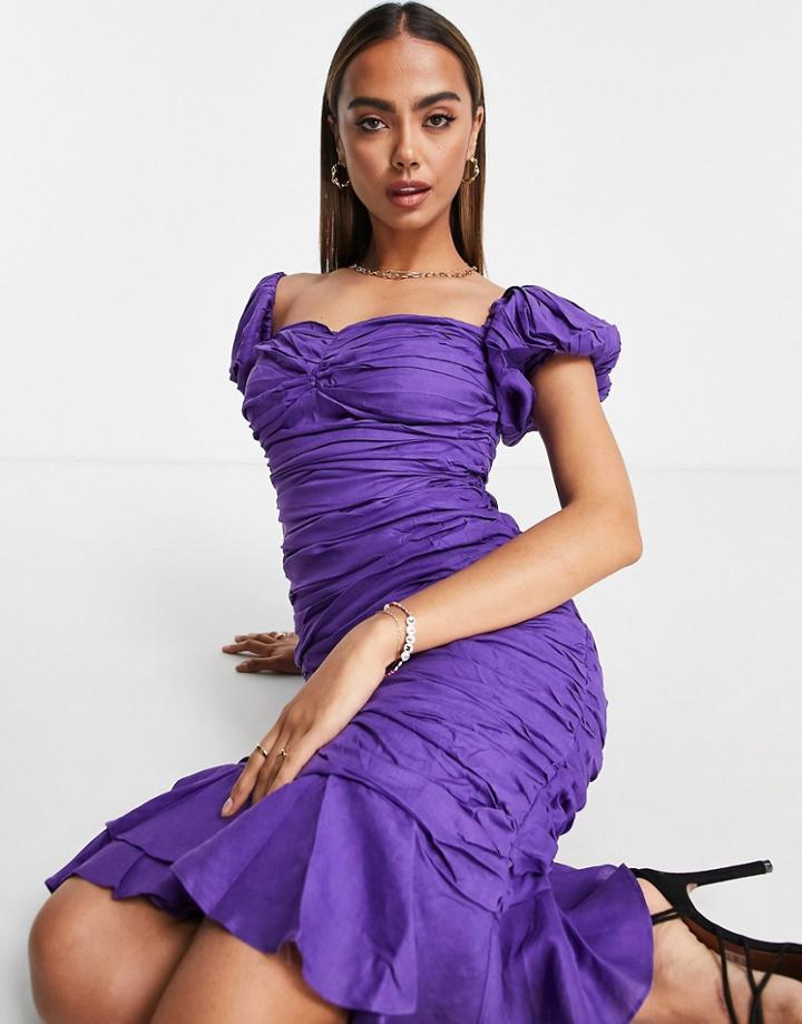 Urban Revivo Puff Sleeve Ruched Midi Dress In Purple
