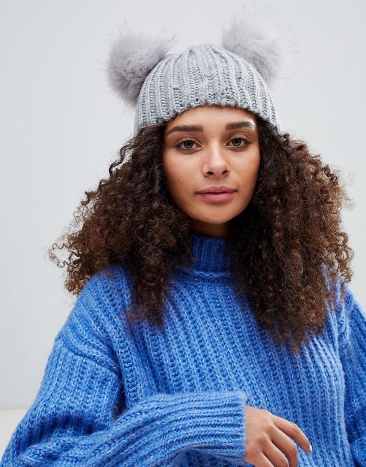 Miss Selfridge Faux Fur Pom Pom Beanie In Grey - Gray