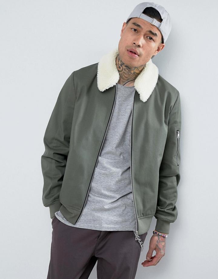 Asos Cotton Bomber Jacket With Fleece Collar In Khaki - Green