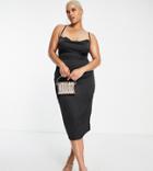 Naanaa Plus Satin Cowl Neck Midi Dress In Black