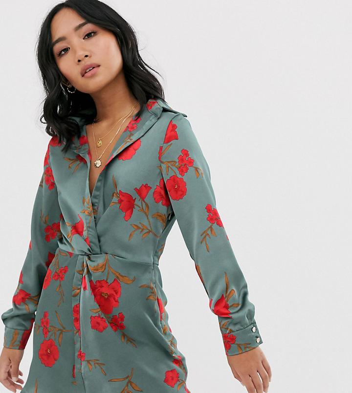 Parisian Petite Knot Front Shirt Dress In Floral Print - Green