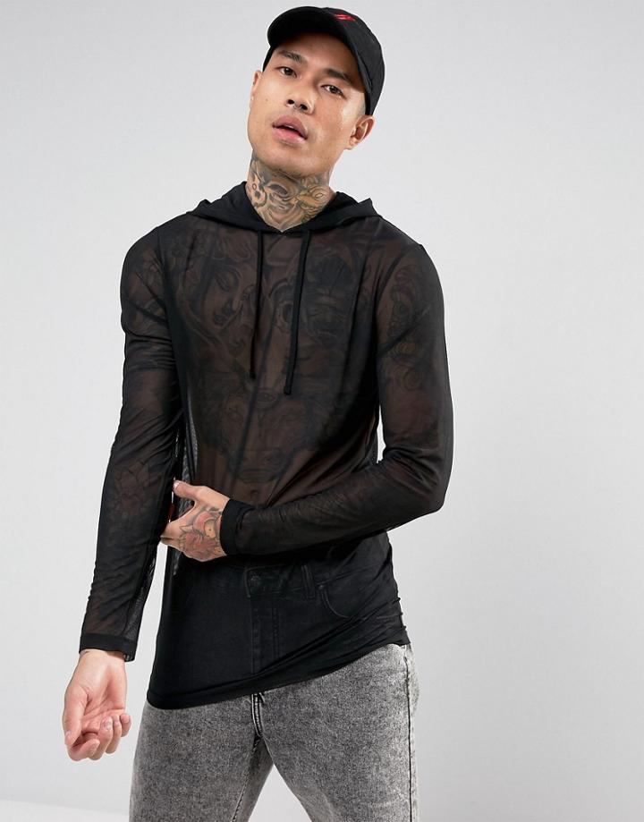 Asos Longline Muscle Long Sleeve T-shirt In Micro Mesh - Black
