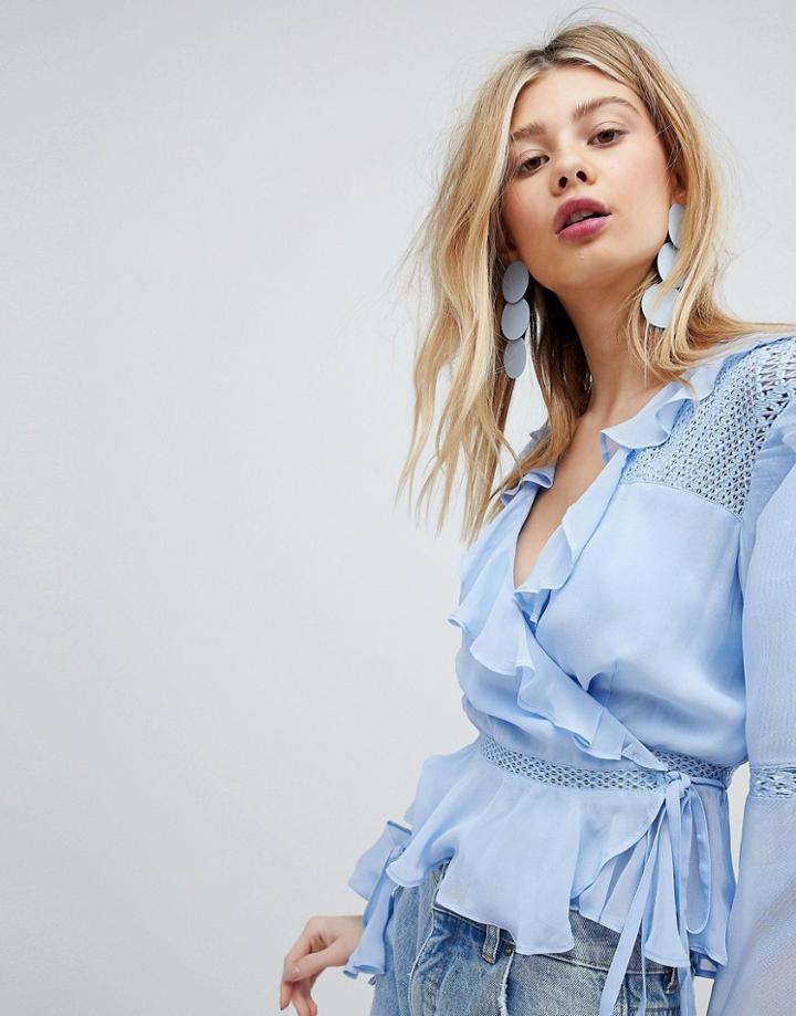 Asos Design Wrap Top With Ruffle And Lace Insert In Blue - Purple