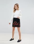 New Look Embroidered Faux Suede Mini Skirt - Black