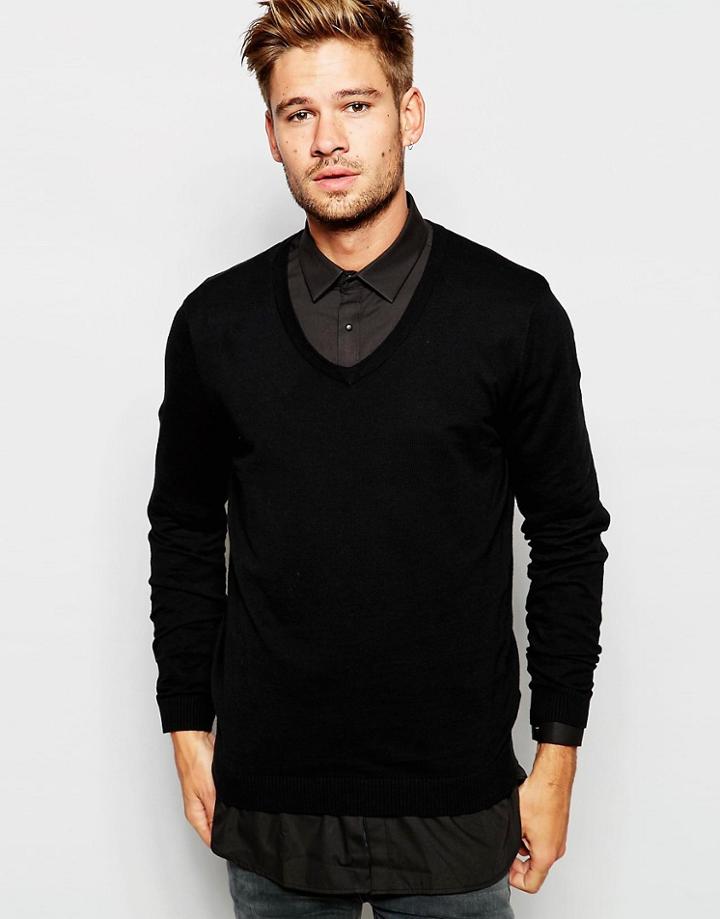 Asos V Neck Sweater In Black Cotton - Black