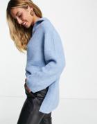 Topshop Knitted Longline Sweater With Zip Up Funnel-blues