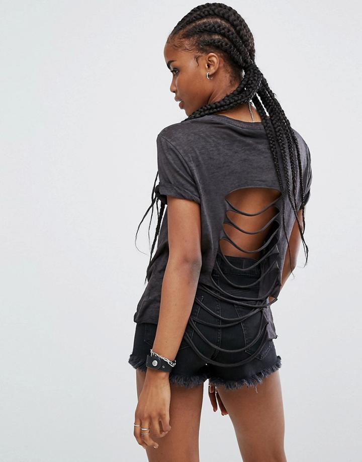 New Look Slashed Back Band Tee - Gray
