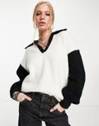 Topshop Knitted Color Block Collar Sweater In Monochrome-black