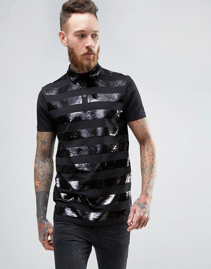 Asos Longline Polo Shirt In Black With Striped Sequins - Black